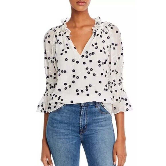 Rebecca Taylor Alessandra Ruffle Bell Slve Top Sz 2 Embroidery Silk Blend Ret375 - Picture 1 of 16